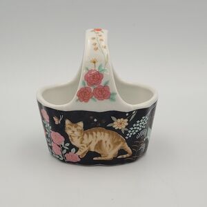 Vintage Porcelain Trinket Basket Tabby Cat & Flowers Action Japan Cottagecore